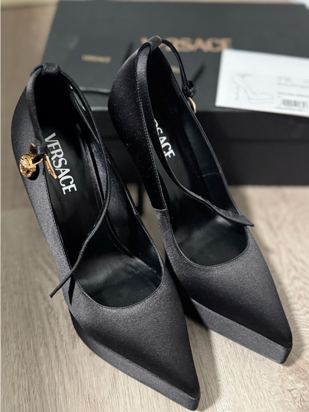 Versace Black Satin Pointed-Toe Ankle-Tie Pumps